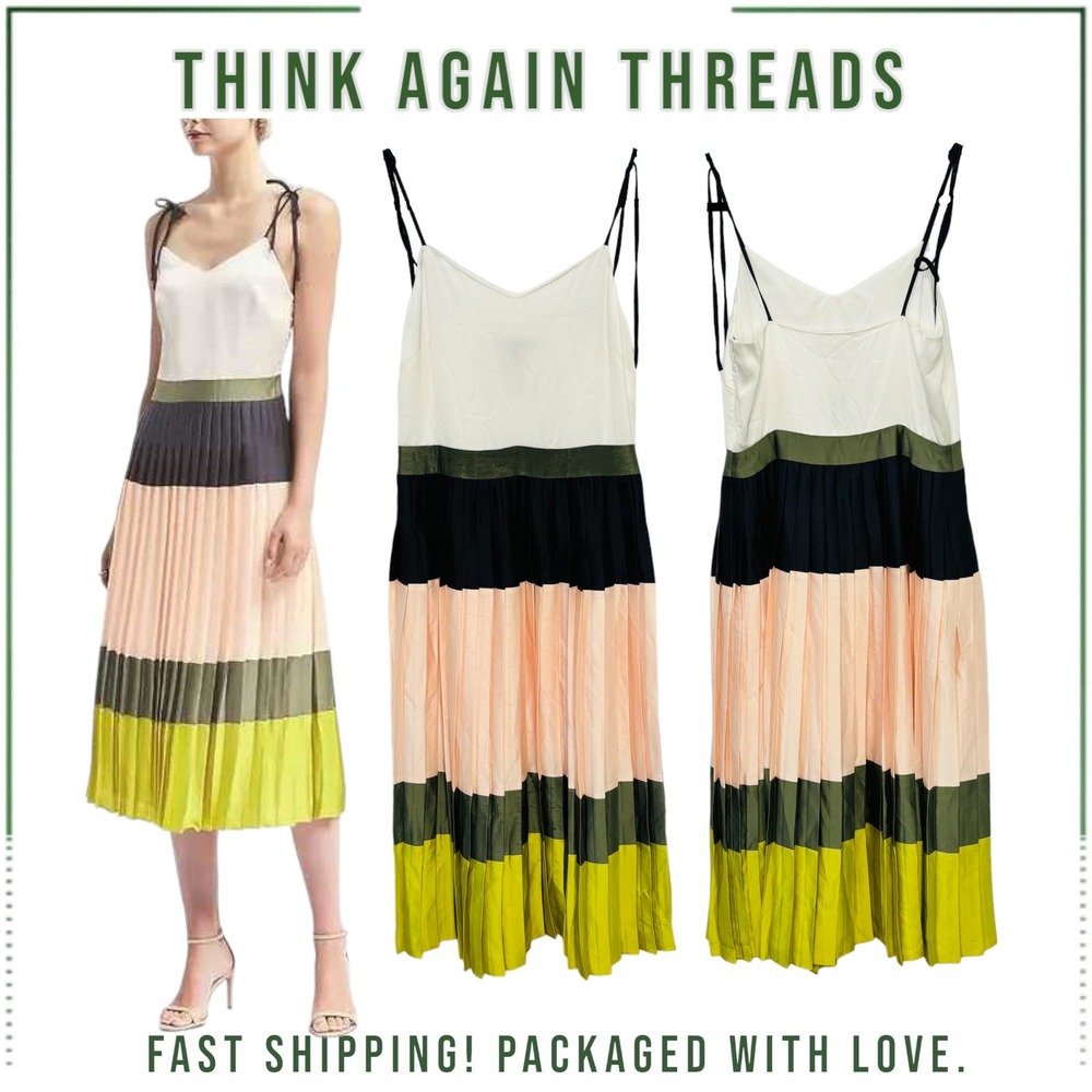 NWT Banana Republic Colorblock Pleated Midi Dress Citron Mix Size 4 - Picture 1 of 10